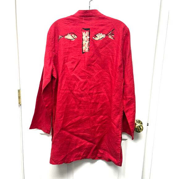 Chicos Red Linen Tunic Fish Design Mandarin Collar Button Up Size 1 or Women’s M - Picture 2 of 7